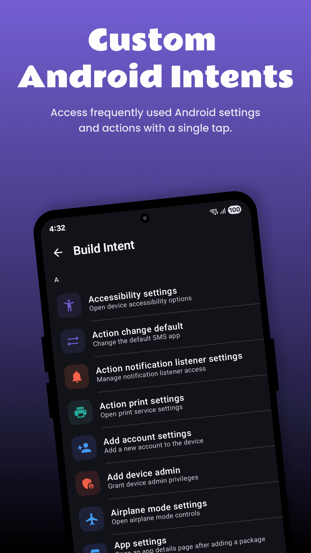TapOpen Build Intent screen listing Android settings actions like Accessibility and Airplane mode